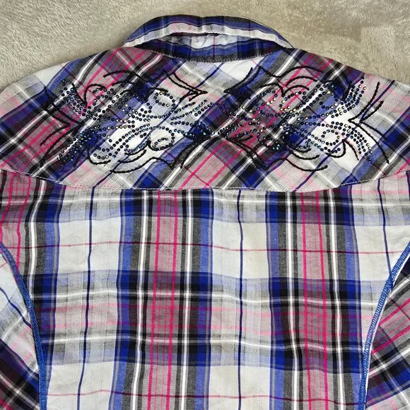 Adiktd Western Top Womens Medium Pink Blue Plaid Embellished Rhinestone Yoke - Picture 16 of 16